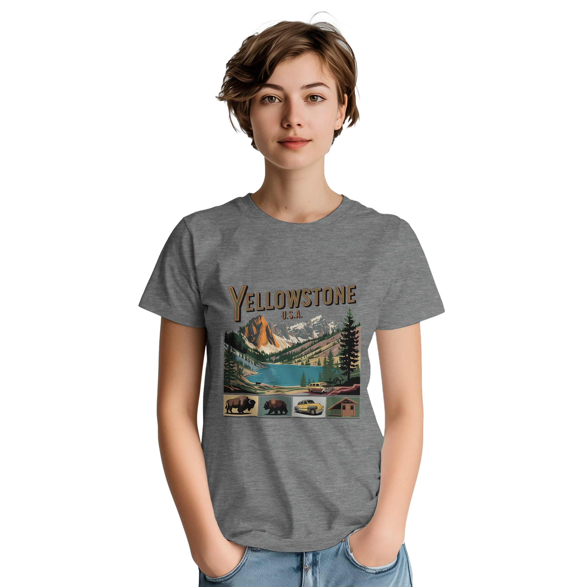 Yellowstone USA Unisex Travel T-Shirt on wooden background with world map, passport, and boarding pass