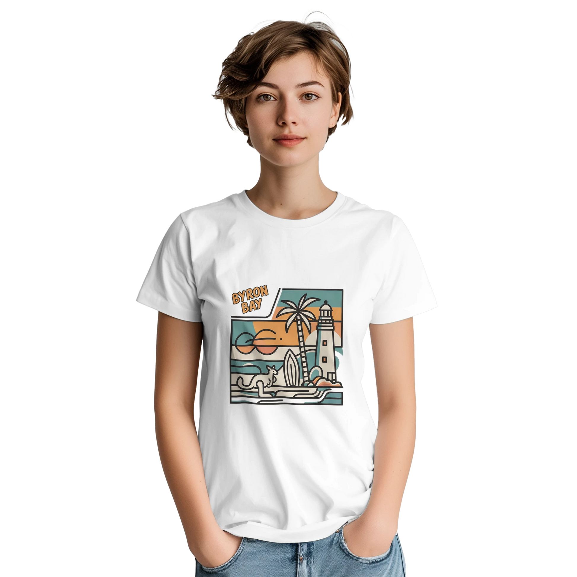 Byron Bay Australia Unisex Travel T-Shirt featuring a person