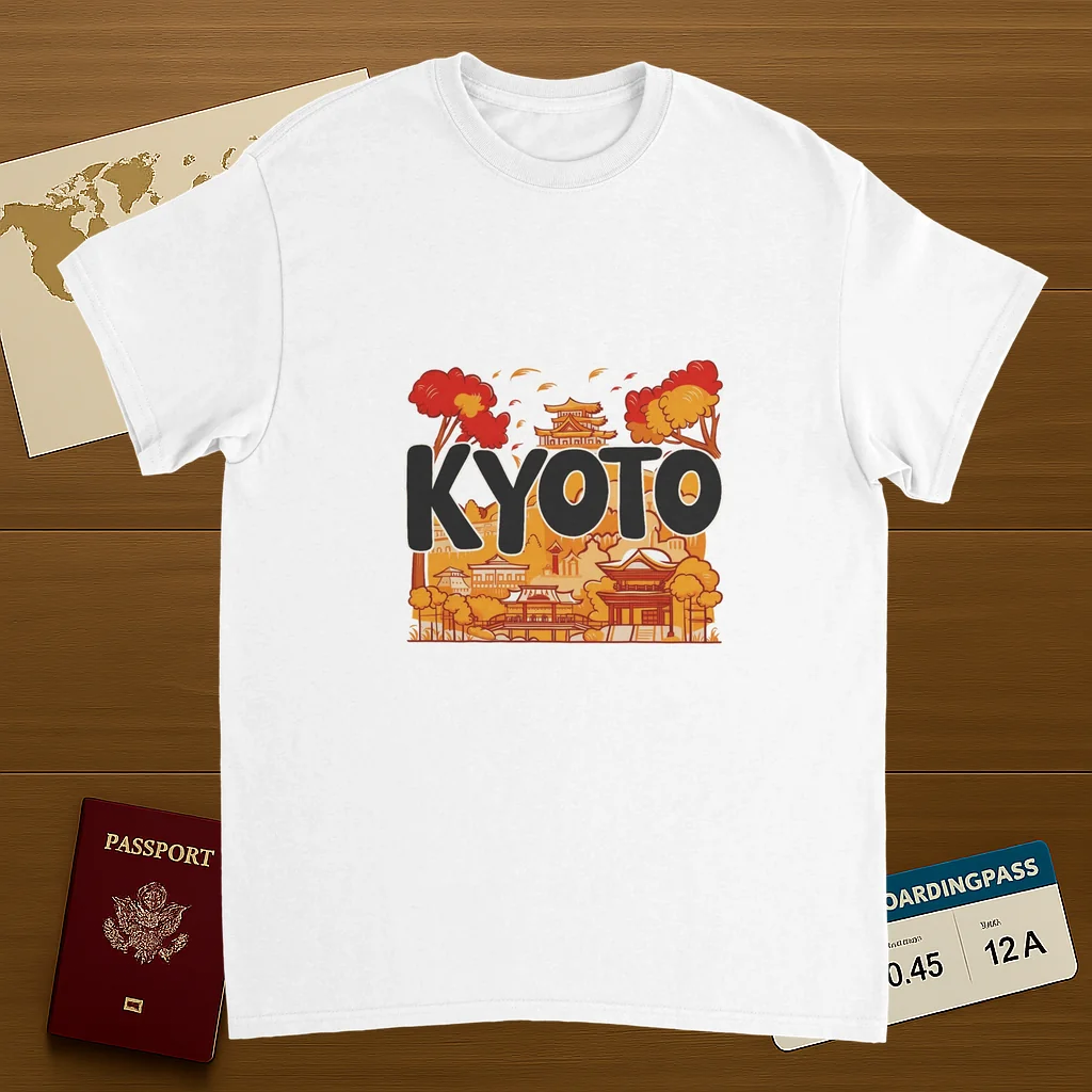 white Kyoto Japan Unisex Travel T-Shirt on wooden background with world map, passport, and boarding pass