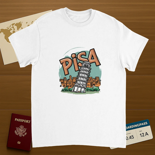 white Pisa Italy Unisex Travel T-Shirt on wooden background with world map, passport, and boarding pass