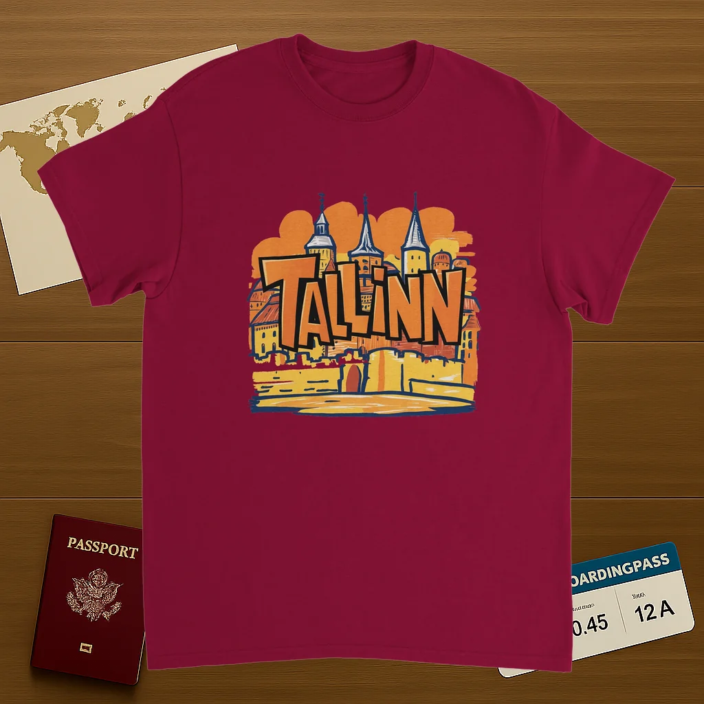 cardinal red Tallinn Estonia Unisex Travel T-Shirt on wooden background with world map, passport, and boarding pass