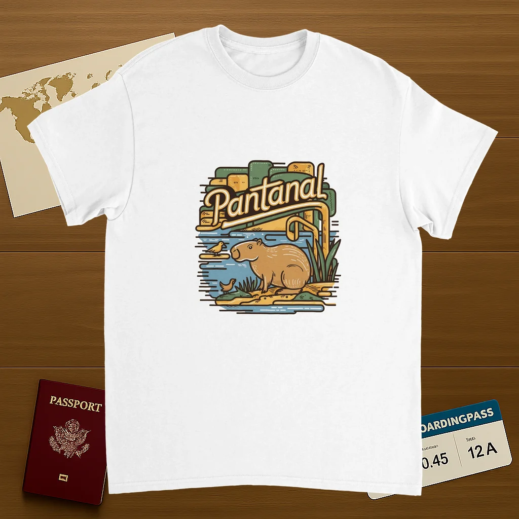 white Pantanal Brazil Unisex Travel T-Shirt on wooden background with world map, passport, and boarding pass
