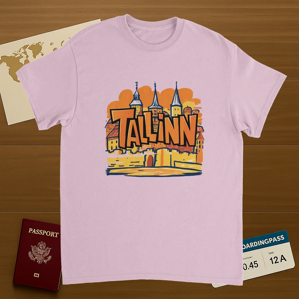 light pink Tallinn Estonia Unisex Travel T-Shirt on wooden background with world map, passport, and boarding pass