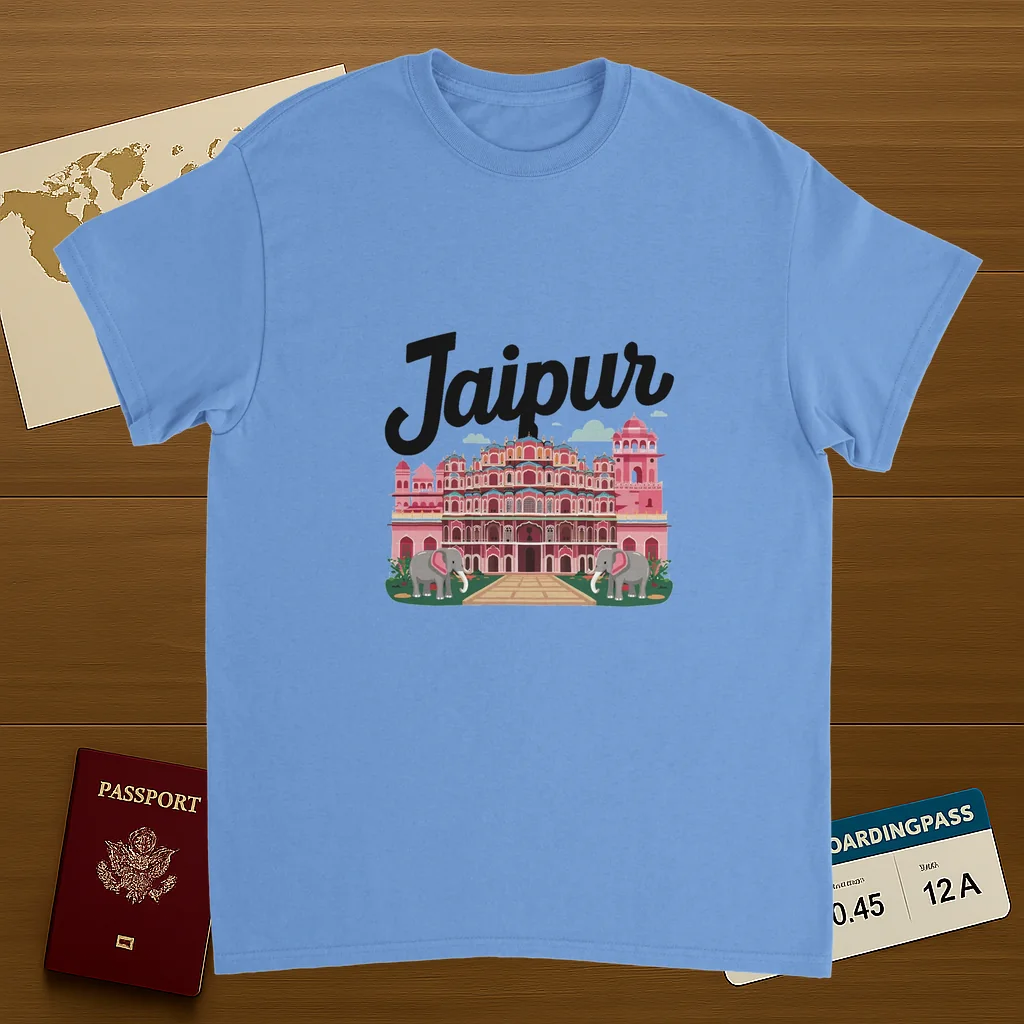 carolina blue Jaipur India Unisex Travel T-Shirt on wooden background with world map, passport, and boarding pass