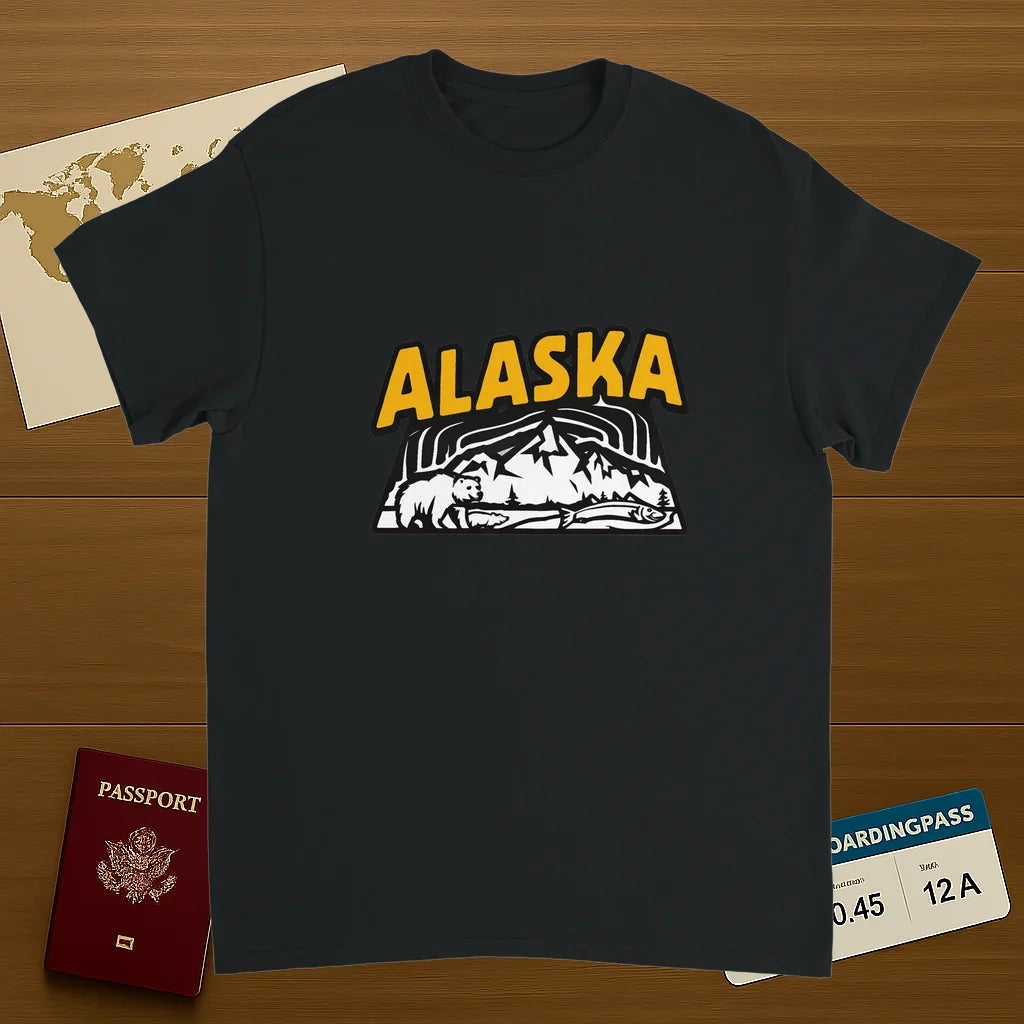 black Alaska USA Unisex Travel T-Shirt on wooden background with world map, passport, and boarding pass