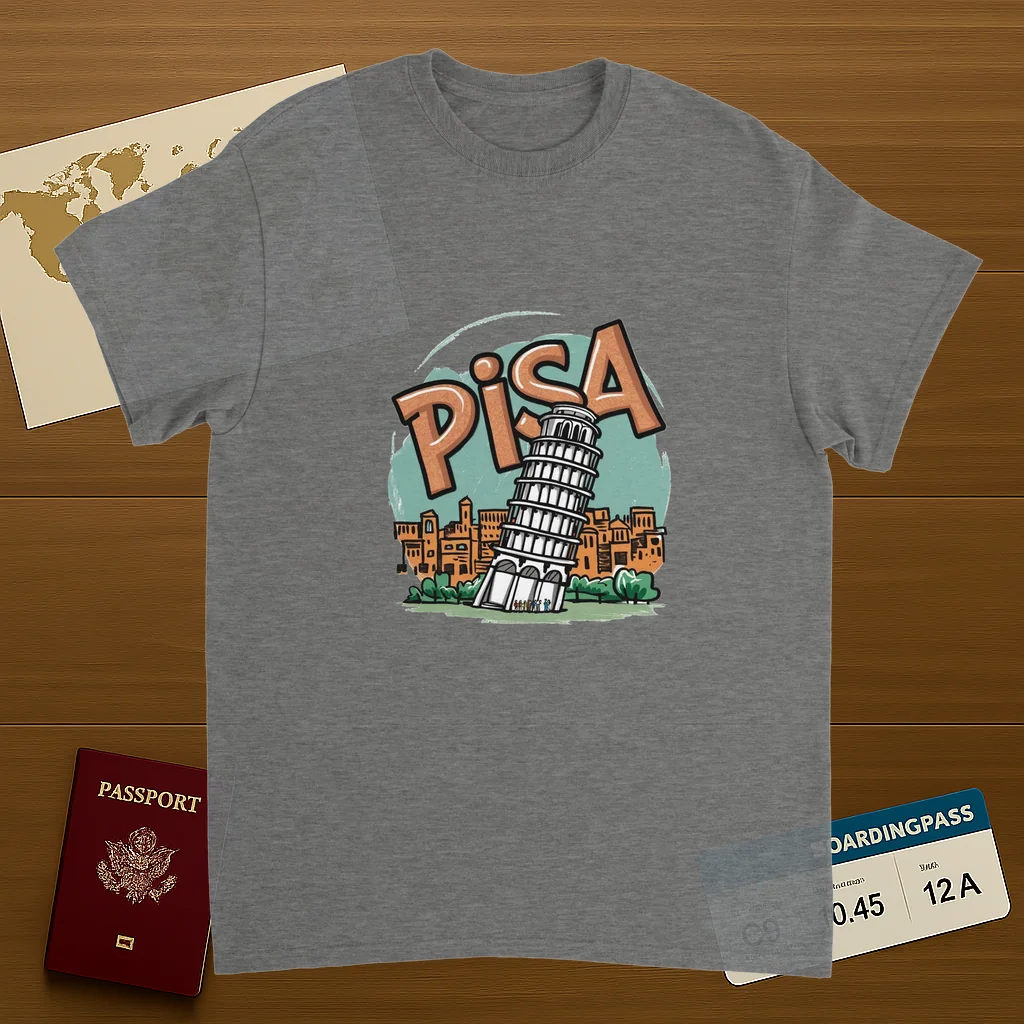 sport grey Pisa Italy Unisex Travel T-Shirt on wooden background with world map, passport, and boarding pass