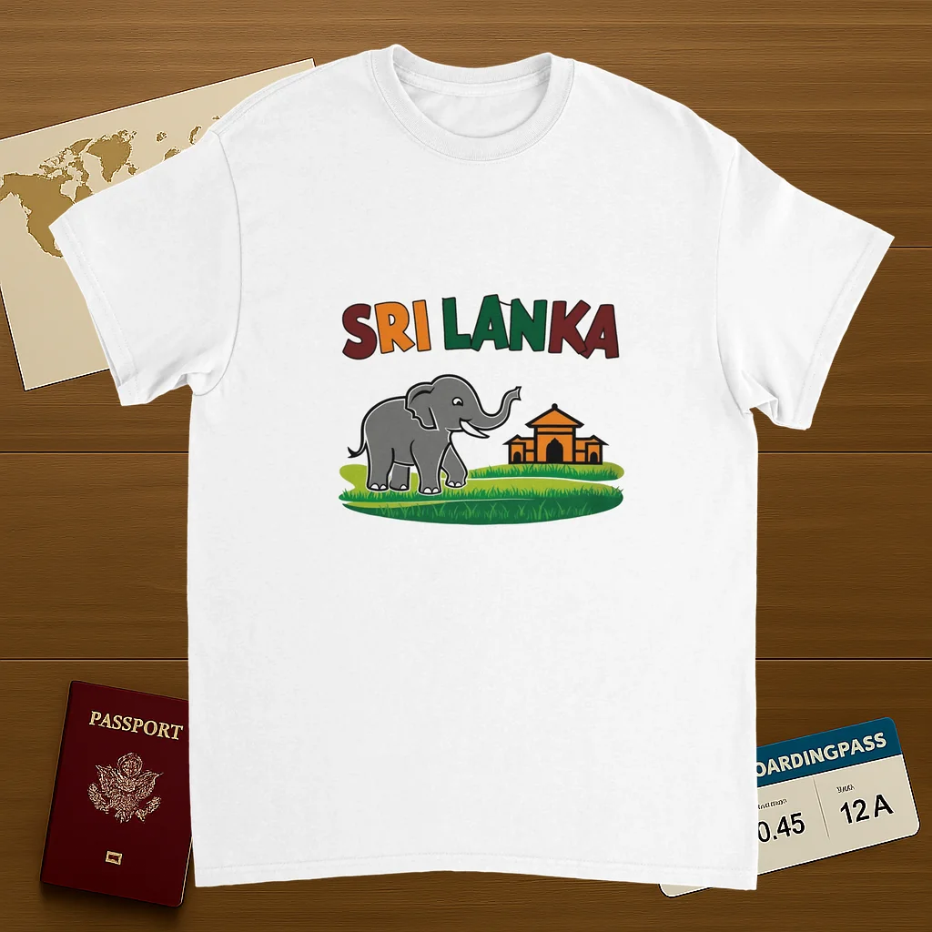 white Sri Lanka Unisex Travel T-Shirt on wooden background with world map, passport, and boarding pass
