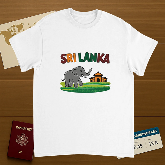 white Sri Lanka Unisex Travel T-Shirt on wooden background with world map, passport, and boarding pass
