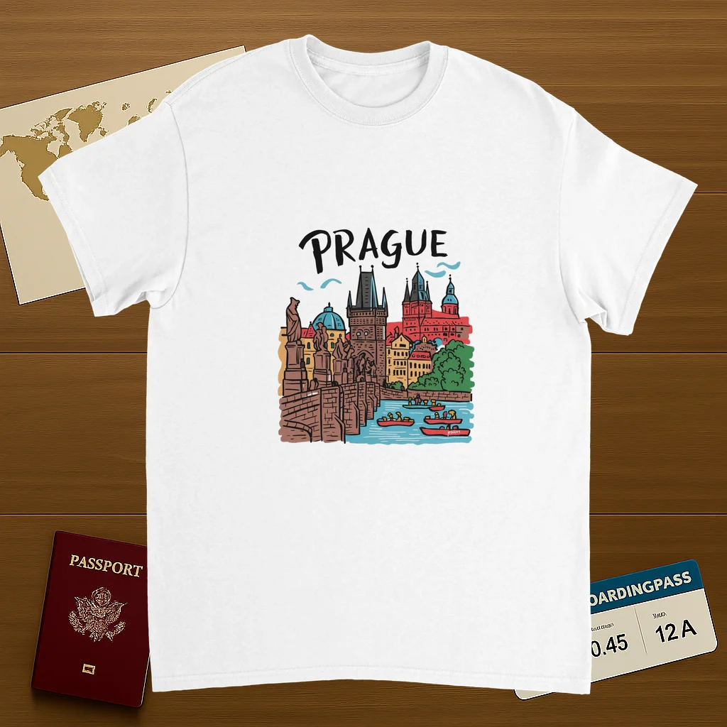 white Prague Czechia Unisex Travel T-Shirt on wooden background with world map, passport, and boarding pass