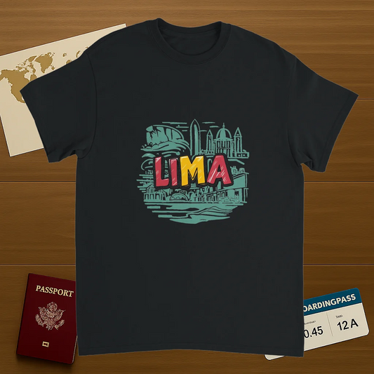 black Lima Peru Unisex Travel T-Shirt on wooden background with world map, passport, and boarding pass