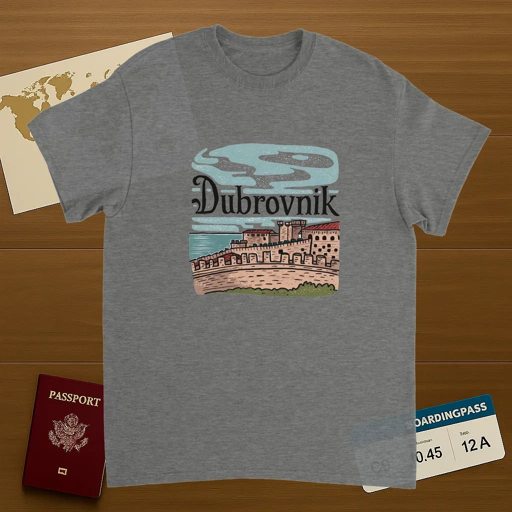 sport grey Dubrovnik Croatia Unisex Travel T-Shirt on wooden background with world map, passport, and boarding pass