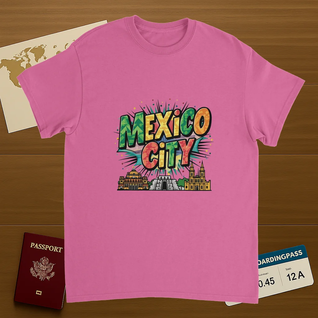 Mexico City Unisex Travel T-Shirt on wooden background with world map, passport, and boarding pass