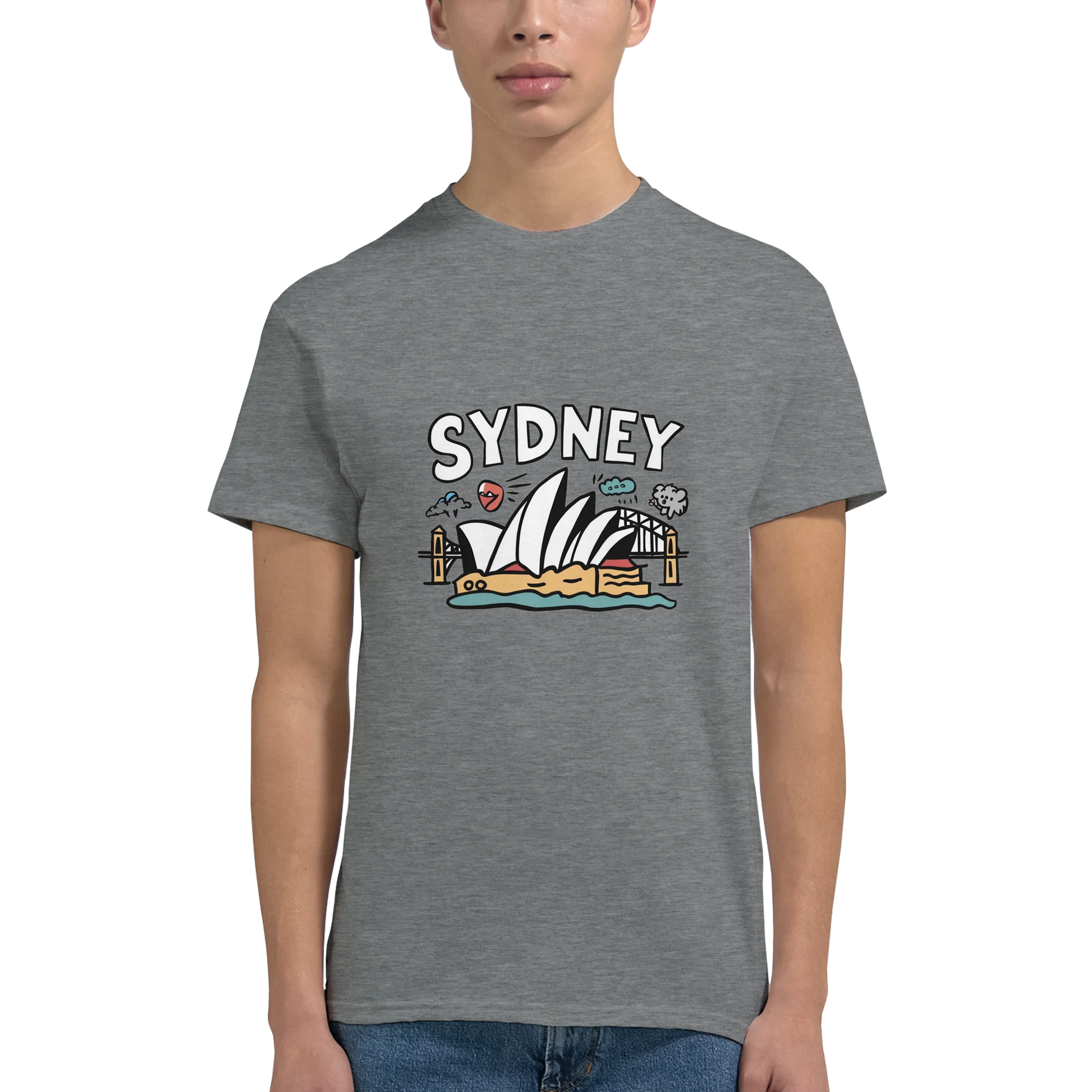 Sydney Australia Unisex Travel T-Shirt on wooden background with world map, passport, and boarding pass