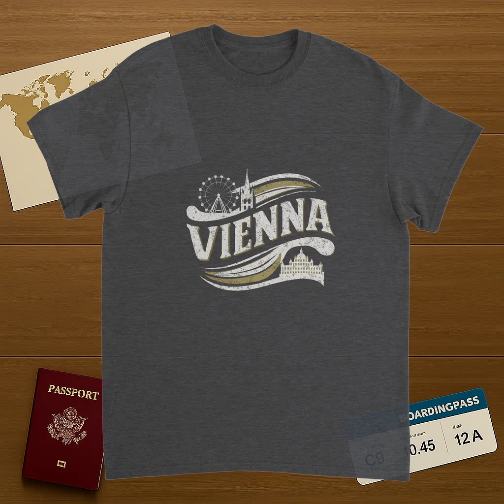 Vienna Austria Unisex Travel T-Shirt on wooden background with world map, passport, and boarding pass