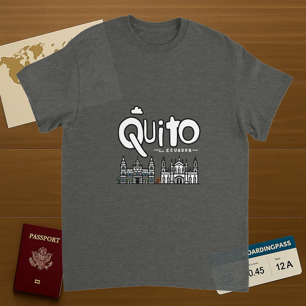 Quito Ecuador Unisex Travel T-Shirt on wooden background with world map, passport, and boarding pass