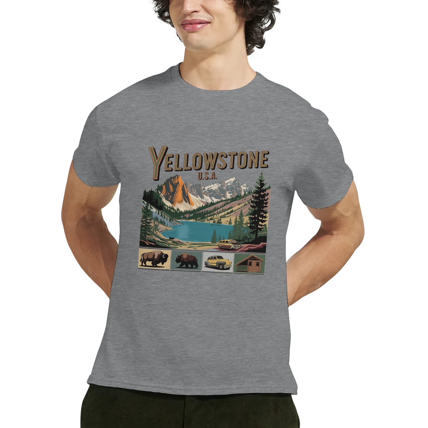Yellowstone USA Unisex Travel T-Shirt on wooden background with world map, passport, and boarding pass