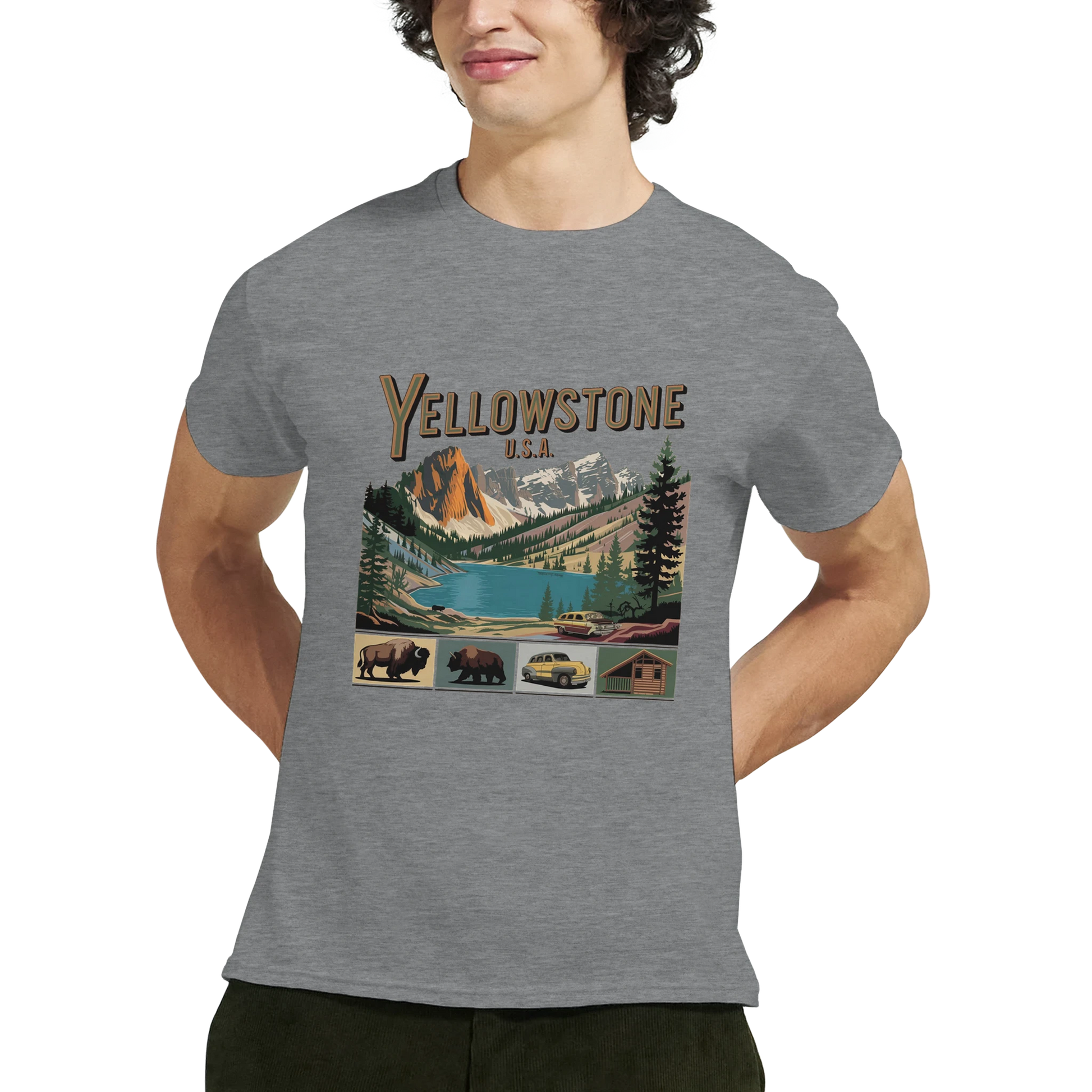 Yellowstone USA Unisex Travel T-Shirt on wooden background with world map, passport, and boarding pass