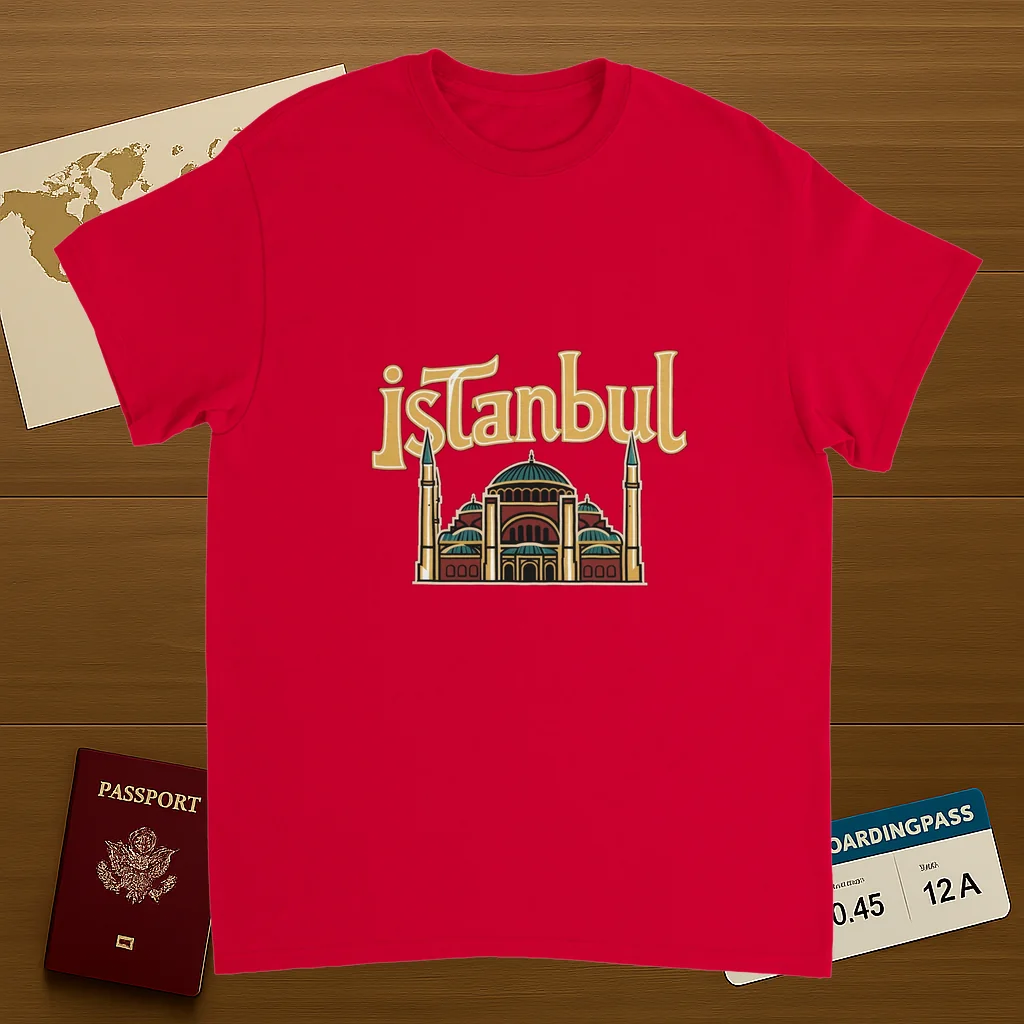 red Istanbul Turkey Unisex Travel T-Shirt on wooden background with world map, passport, and boarding pass