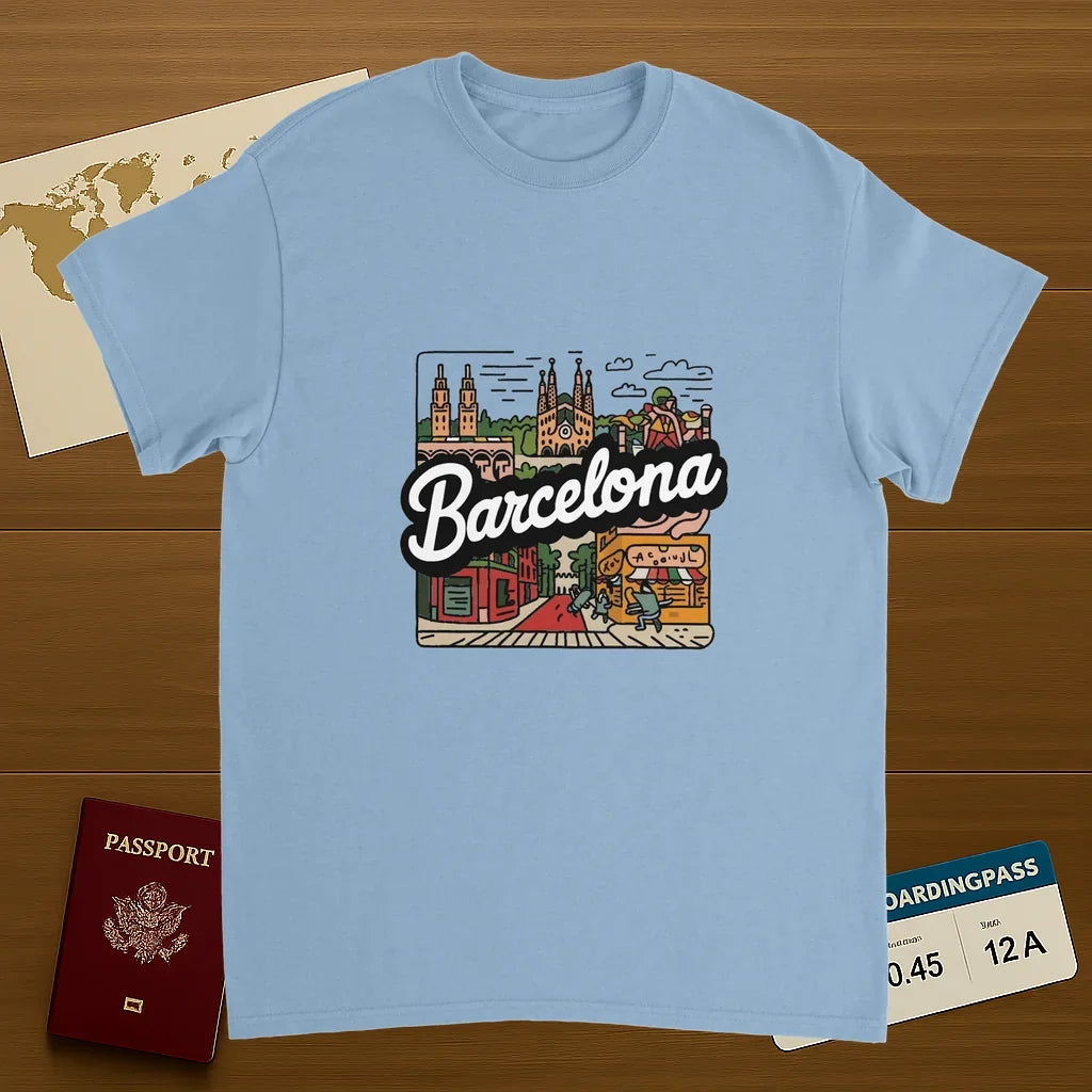 light blue Barcelona Spain Unisex Travel T-Shirt on wooden background with world map, passport, and boarding pass