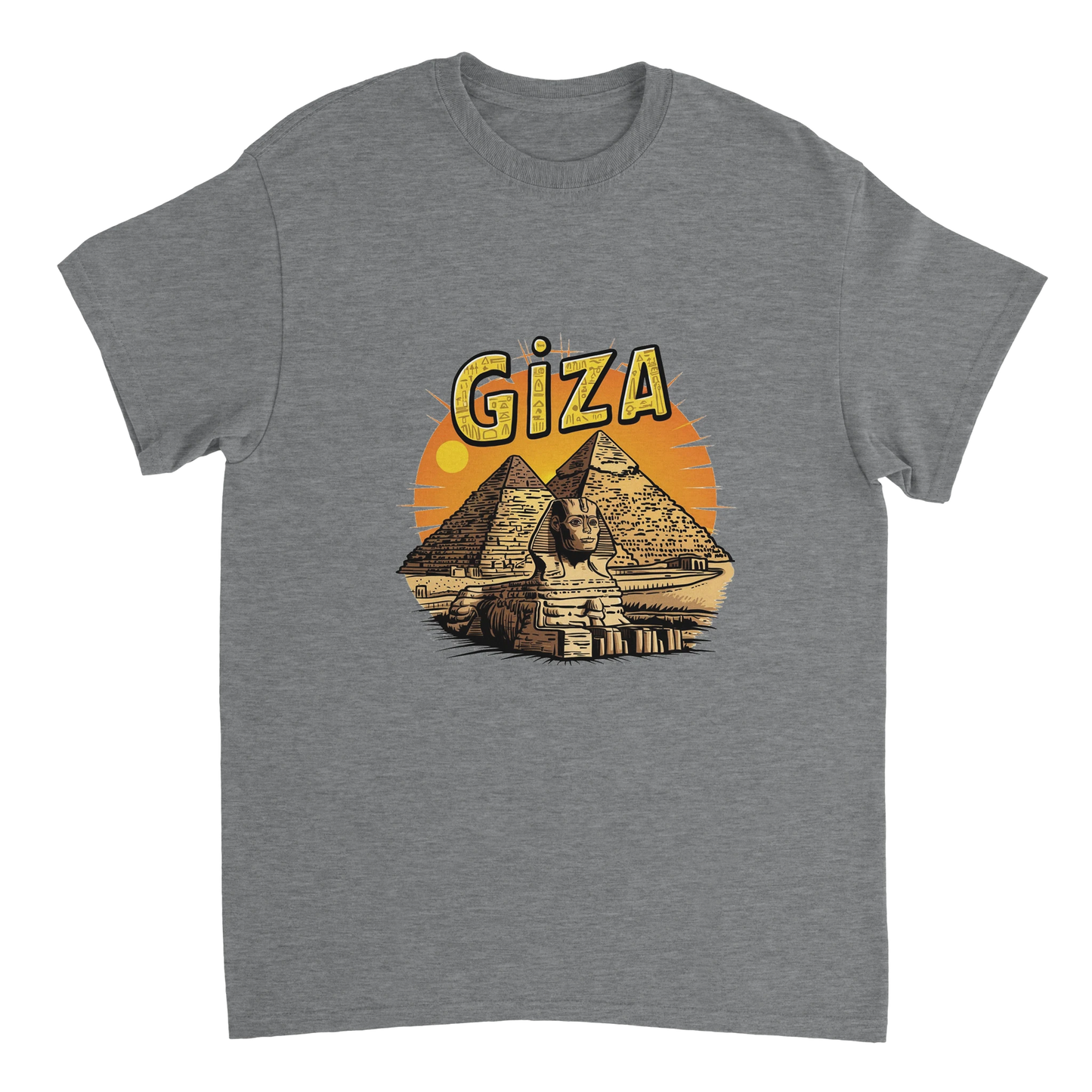 sport grey Giza Egypt Unisex Travel T-Shirt on wooden background with world map, passport, and boarding pass