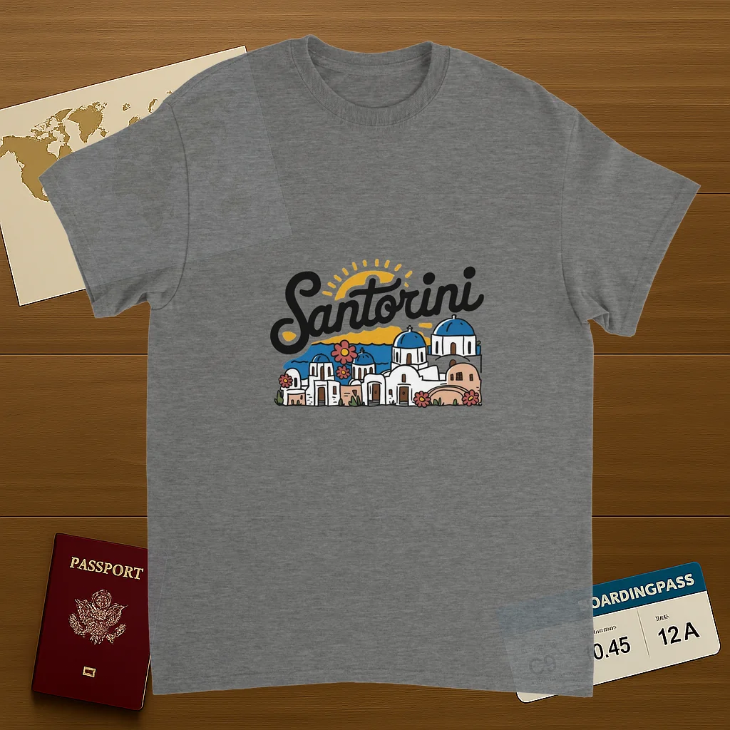 sport grey Santorini Greece Unisex Travel T-Shirt on wooden background with world map, passport, and boarding pass