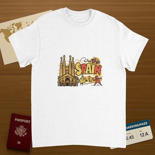 white Spain Unisex Travel T-Shirt on wooden background with world map, passport, and boarding pass