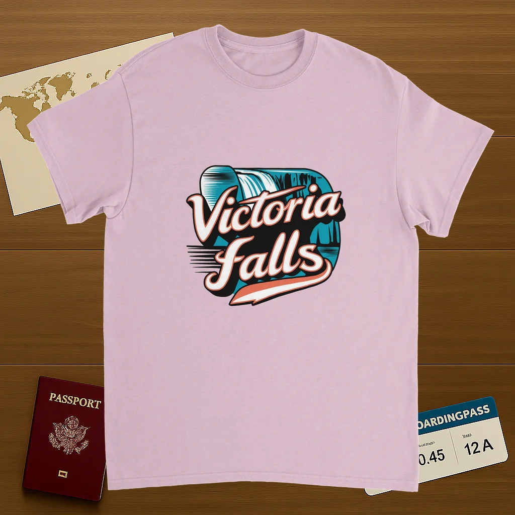 light pink Victoria Falls Unisex Travel T-Shirt on wooden background with world map, passport, and boarding pass
