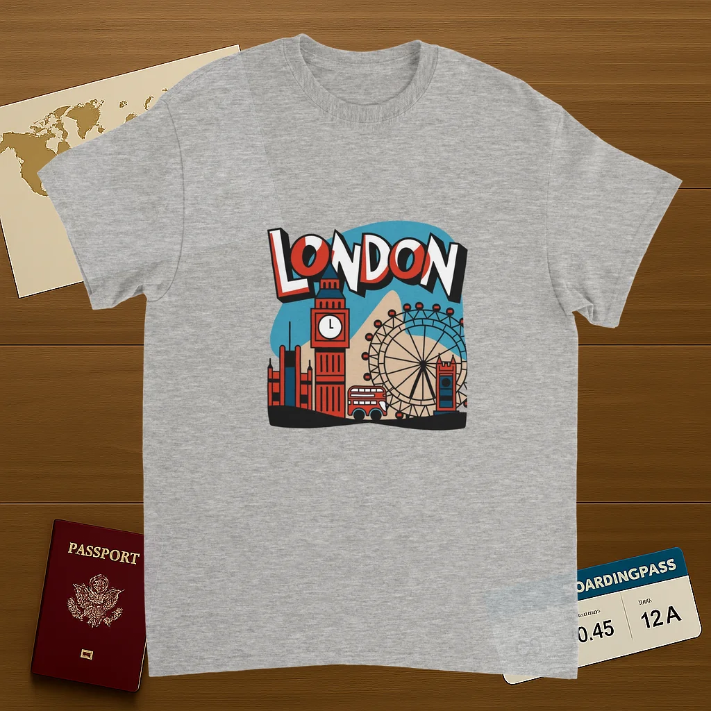 London England Unisex Travel T-Shirt on wooden background with world map, passport, and boarding pass