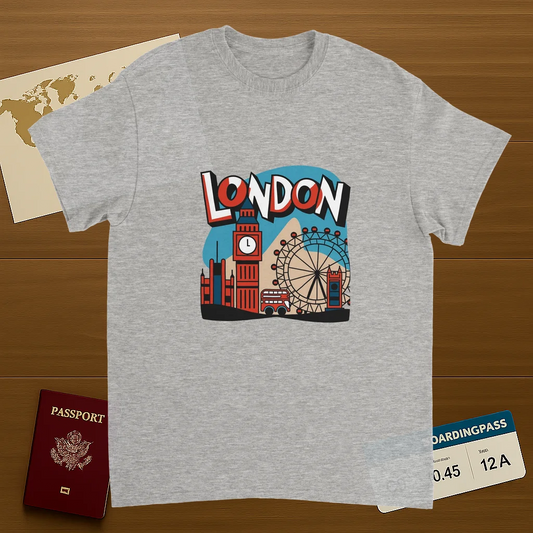 London England Unisex Travel T-Shirt on wooden background with world map, passport, and boarding pass