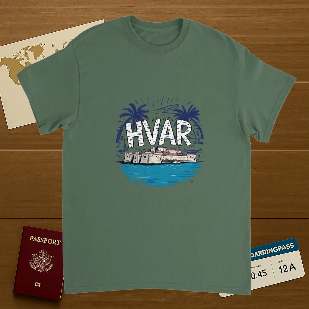 military green Hvar Croatia Unisex Travel T-Shirt on wooden background with world map, passport, and boarding pass