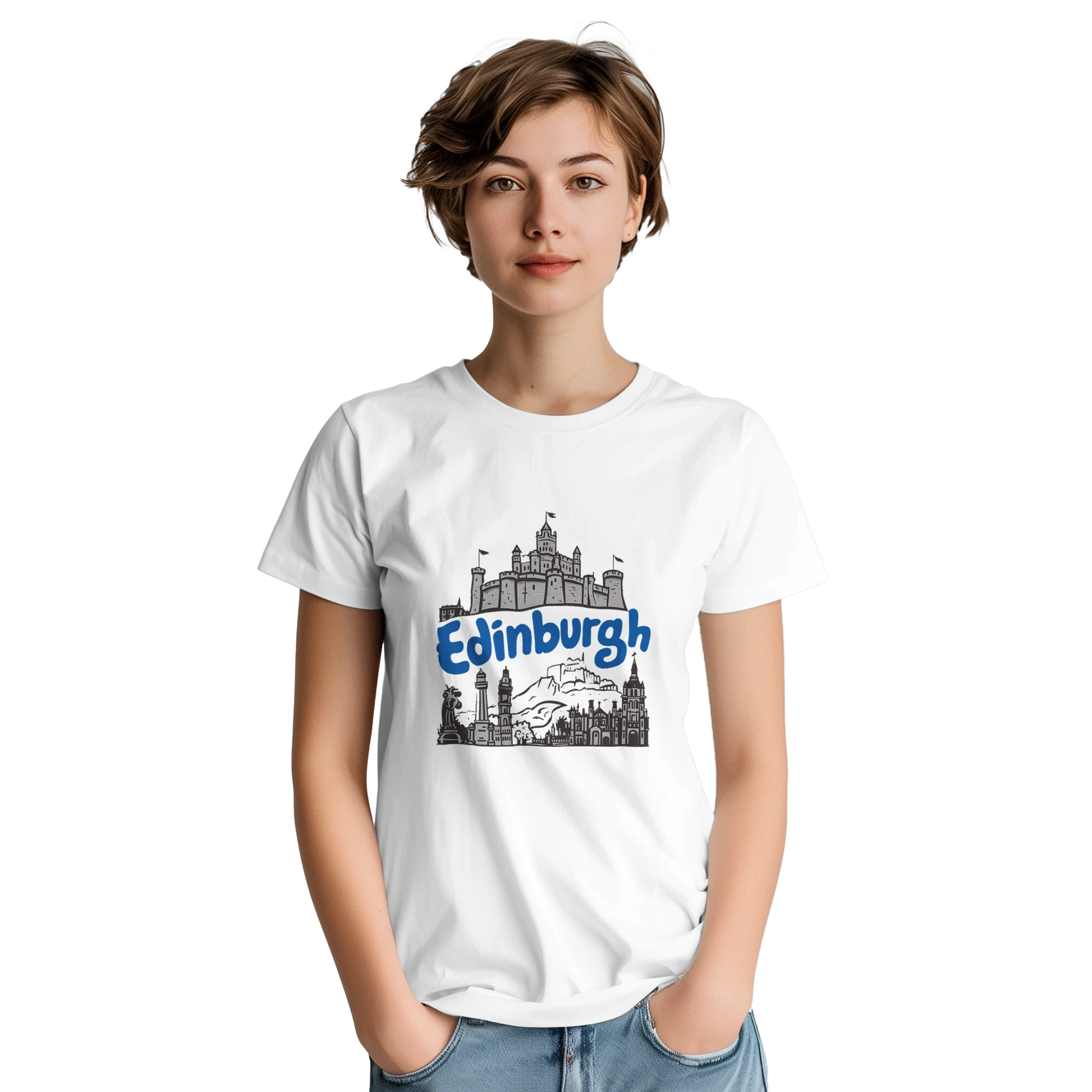 Edinburgh Scotland Unisex Travel T-Shirt on wooden background with world map, passport, and boarding pass