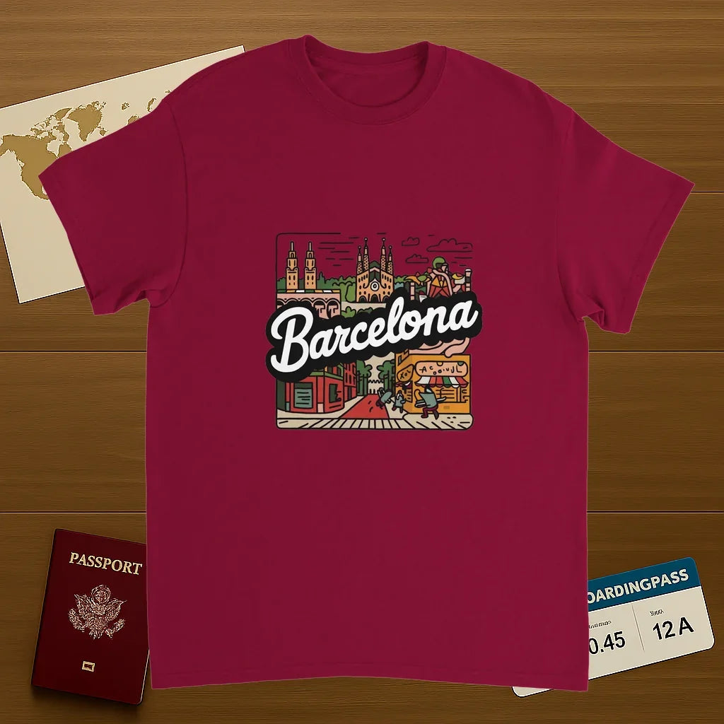 cardinal red Barcelona Spain Unisex Travel T-Shirt on wooden background with world map, passport, and boarding pass
