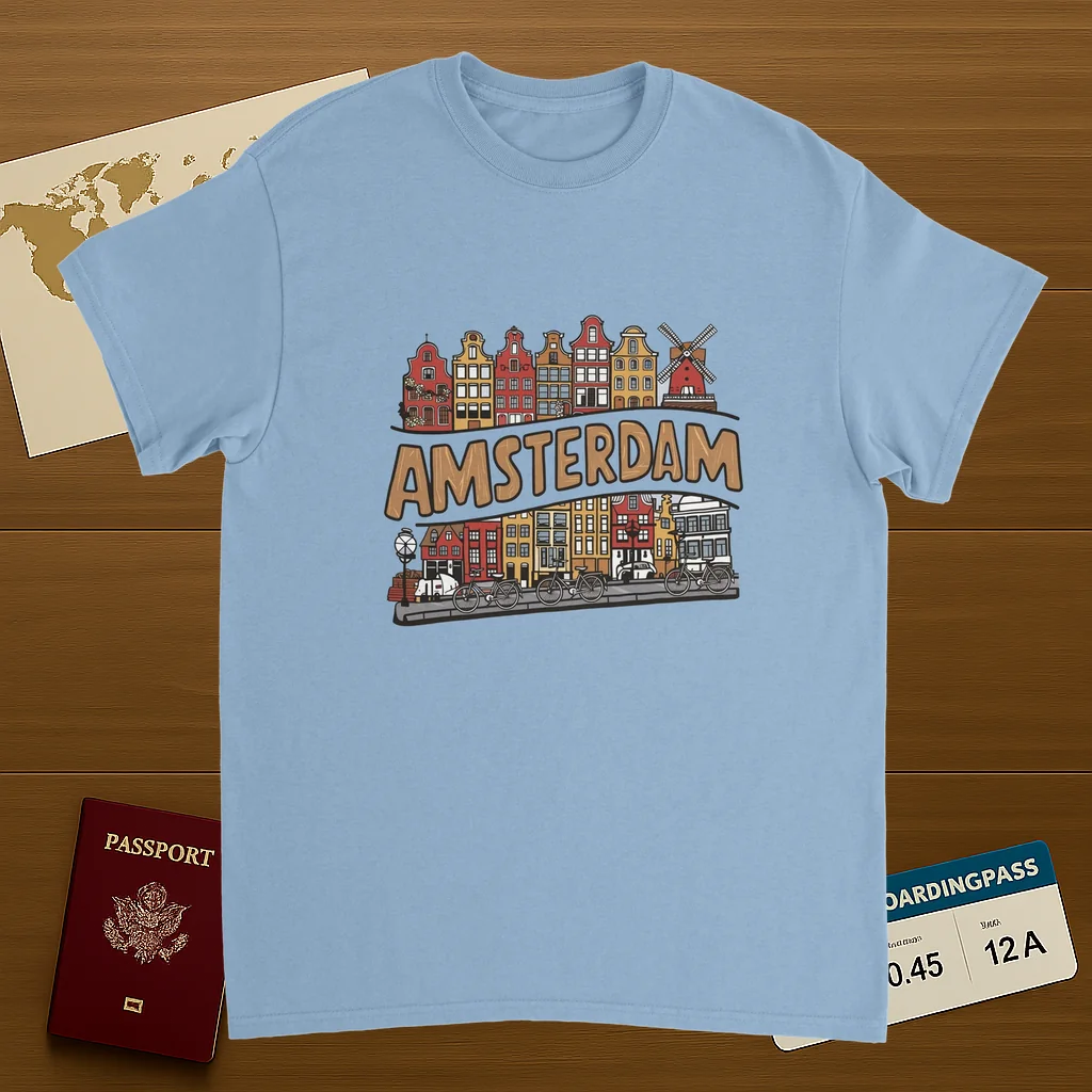 light blue Amsterdam Netherlands Unisex Travel T-Shirt on wooden background with world map, passport, and boarding pass