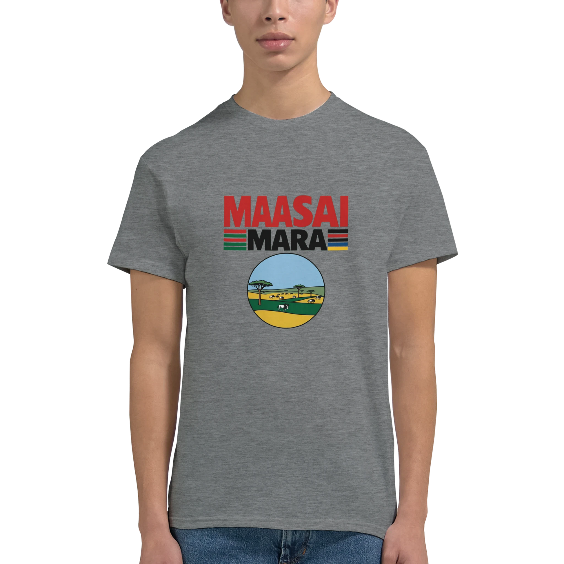 Maasai Mara Unisex Travel T-Shirt featuring a man