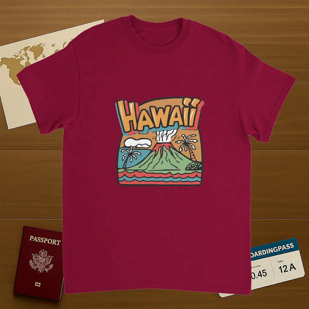 cardinal red Hawaii Unisex Travel T-Shirt on wooden background with world map, passport, and boarding pass