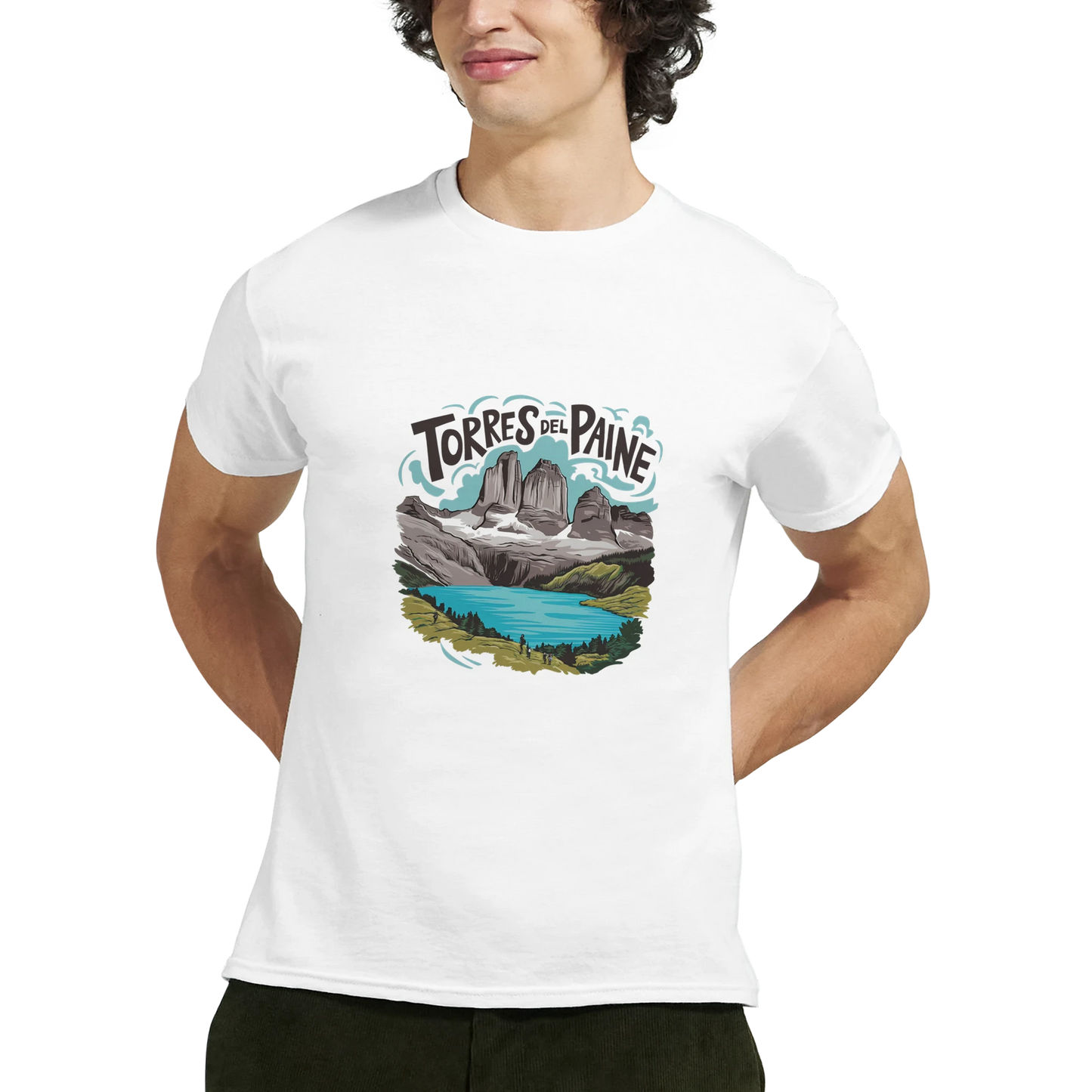 Torres del Paine Chile Unisex Travel T-Shirt featuring a man from the back