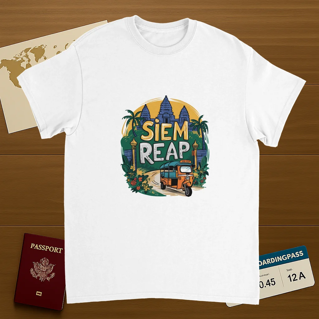 white Siem Reap Cambodia Unisex Travel T-Shirt on wooden background with world map, passport, and boarding pass