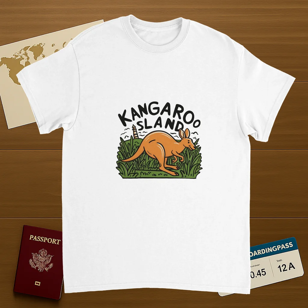 white Kangaroo Island Australia Unisex Travel T-Shirt on wooden background with world map, passport, and boarding pass