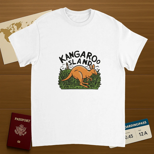 white Kangaroo Island Australia Unisex Travel T-Shirt on wooden background with world map, passport, and boarding pass