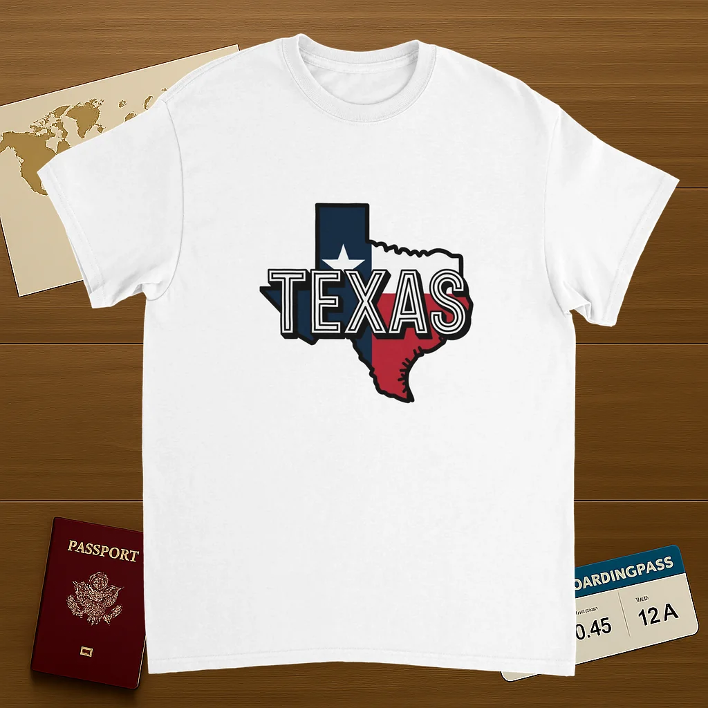 white Texas USA Unisex Travel T-Shirt on wooden background with world map, passport, and boarding pass