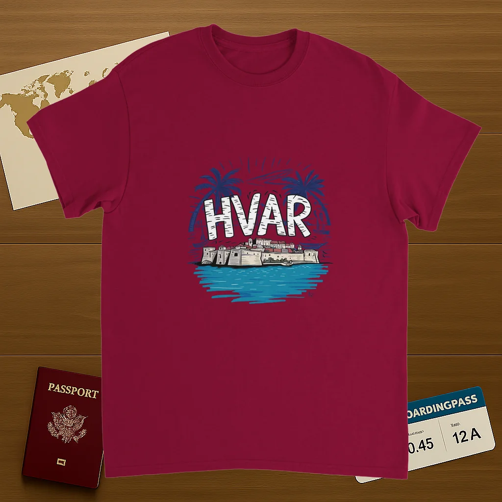 cardinal red Hvar Croatia Unisex Travel T-Shirt on wooden background with world map, passport, and boarding pass