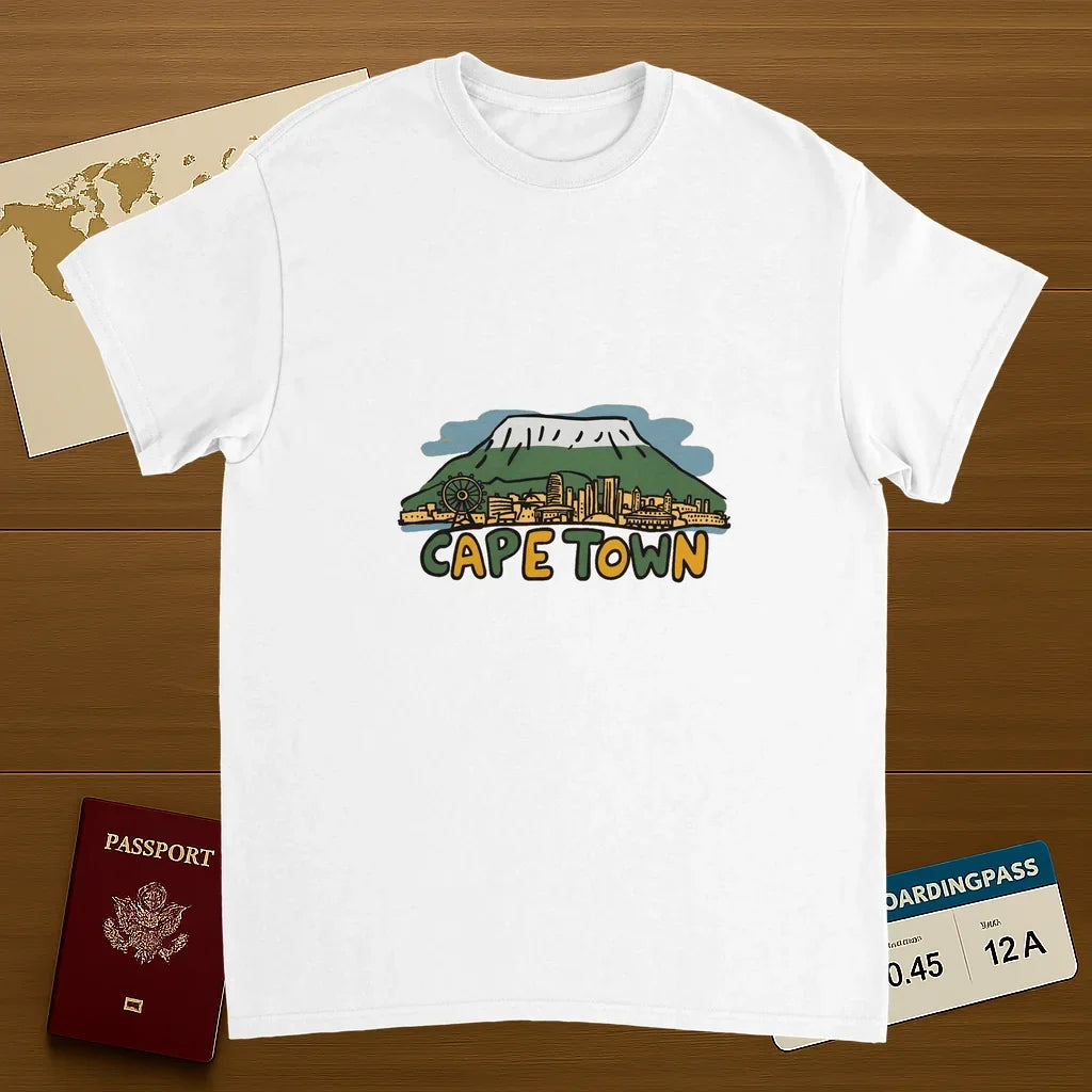 white Cape Town South Africa Unisex Travel T-Shirt on wooden background with world map, passport, and boarding pass
