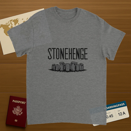 sport grey Stonehenge England Unisex Travel T-Shirt on wooden background with world map, passport, and boarding pass