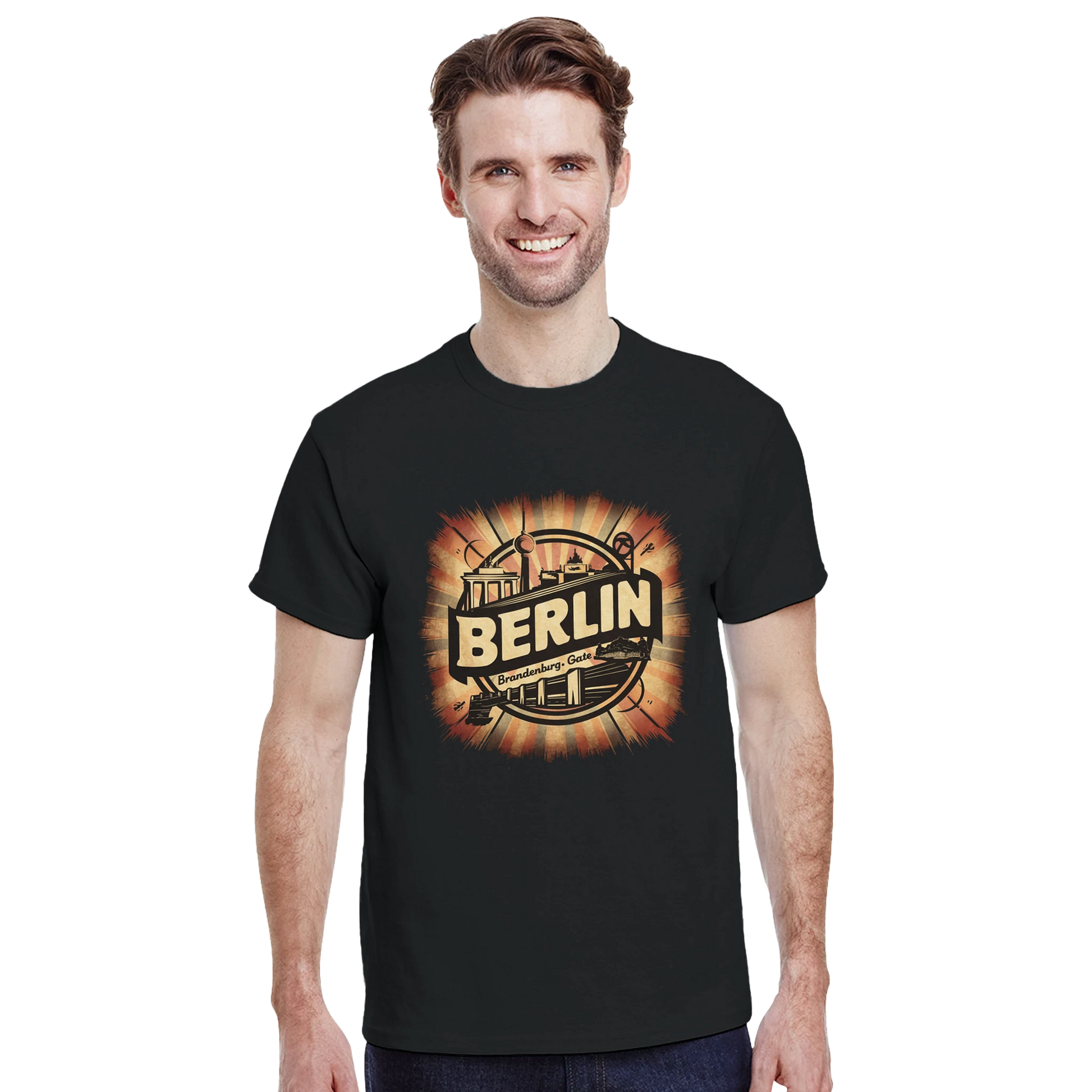 Berlin Germany Unisex Travel T-Shirt on wooden background with world map, passport, and boarding pass