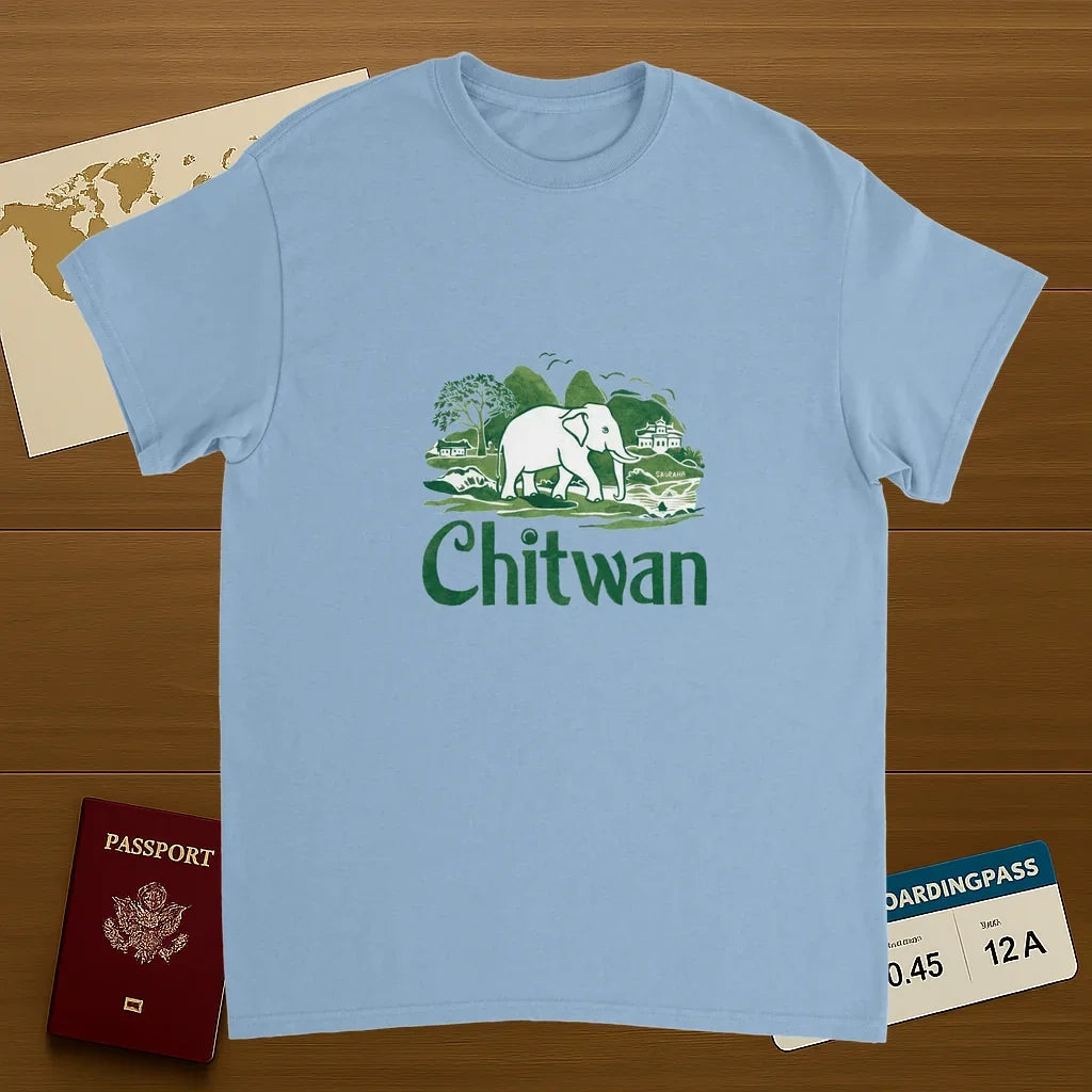 light blue Chitwan Nepal Unisex Travel T-Shirt on wooden background with world map, passport, and boarding pass
