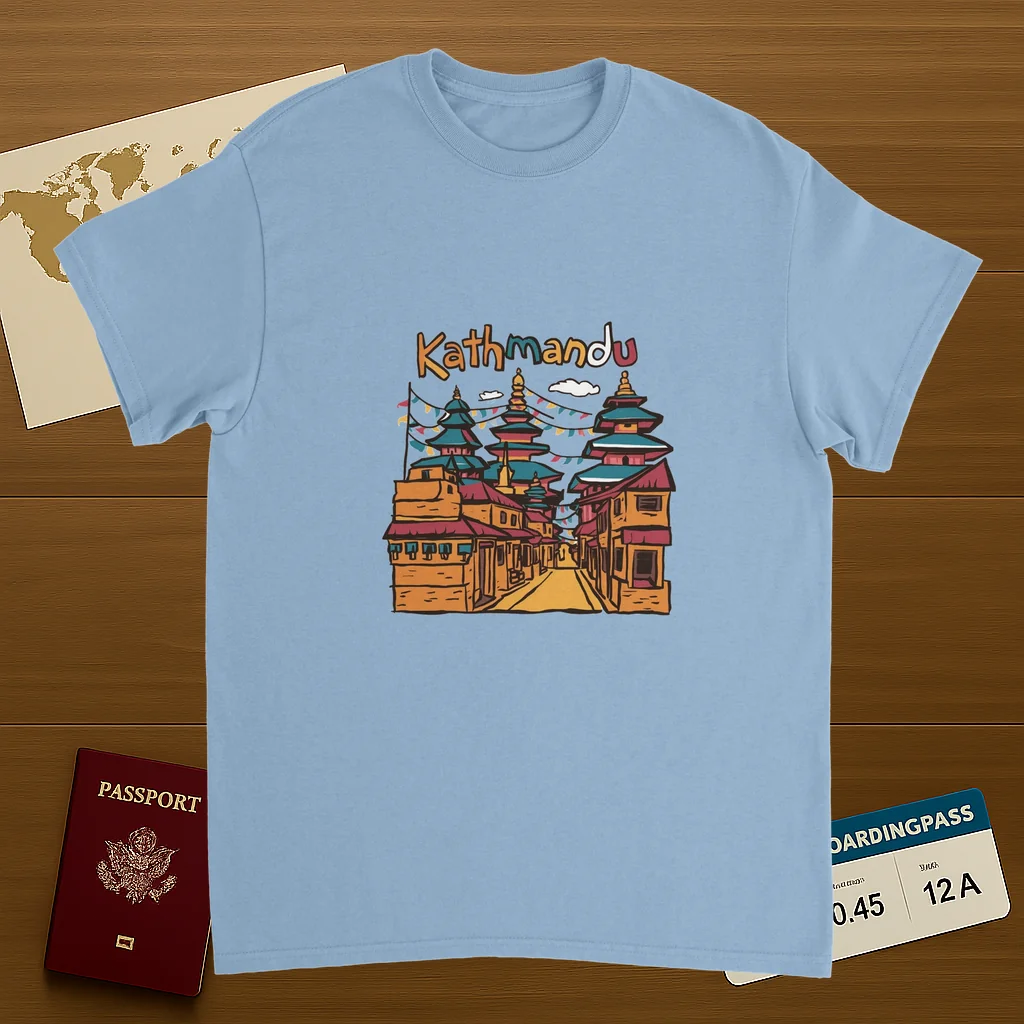light blue Kathmandu Nepal Unisex Travel T-Shirt on wooden background with world map, passport, and boarding pass