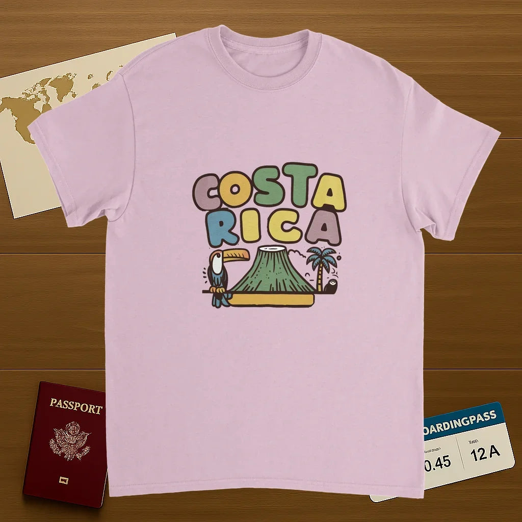 light pink Costa Rica Unisex Travel T-Shirt on wooden background with world map, passport, and boarding pass