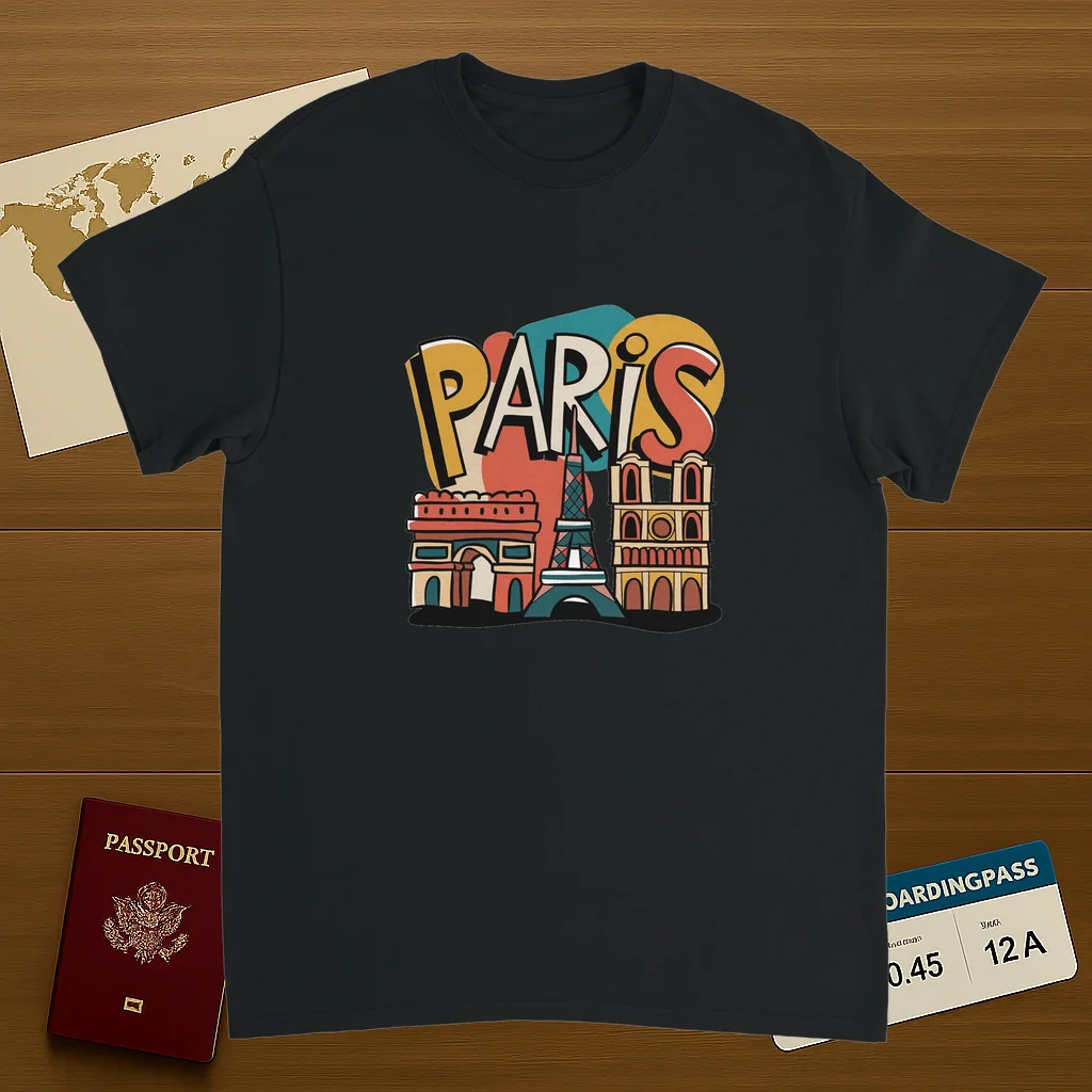 black Paris France Unisex Travel T-Shirt on wooden background with world map, passport, and boarding pass