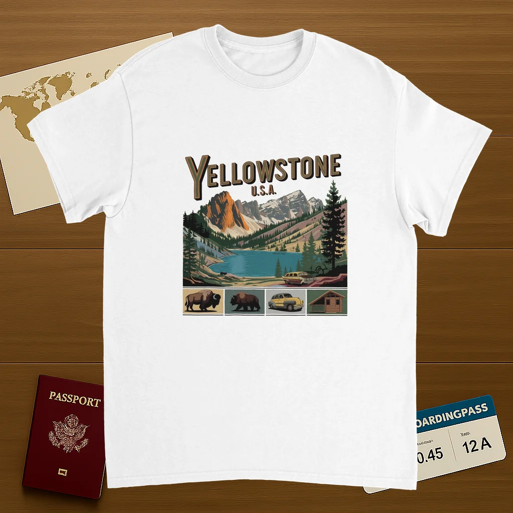 white Yellowstone USA Unisex Travel T-Shirt on wooden background with world map, passport, and boarding pass