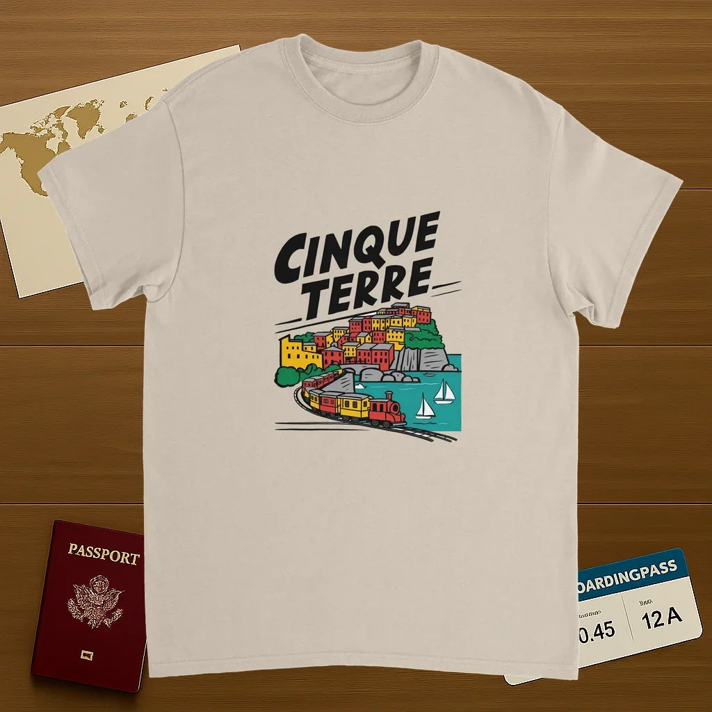 Cinque Terre Italy Unisex Travel T-Shirt on wooden background with world map, passport, and boarding pass